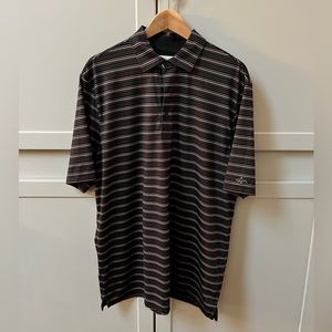 Greg Norman collared shirt sleeve golf polo striped navy dark blue, size L
